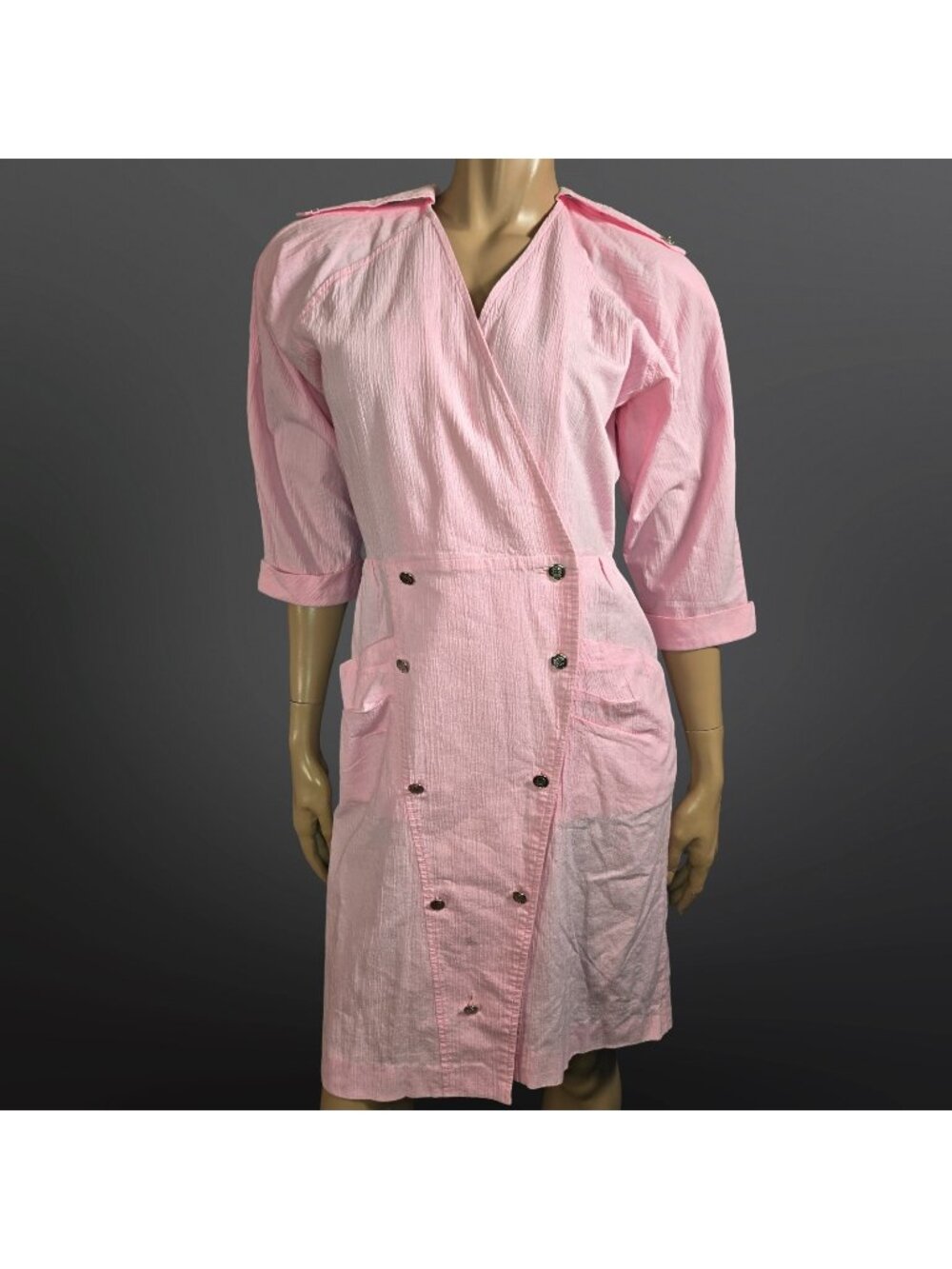 Vintage 80s Pastel Pink New Wave Utility dress size S Cotton Seersucker